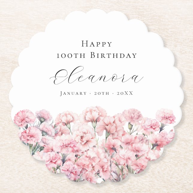100th Birthday Pink Carnation January Birth Flower Underlägg Papper (Framsida)