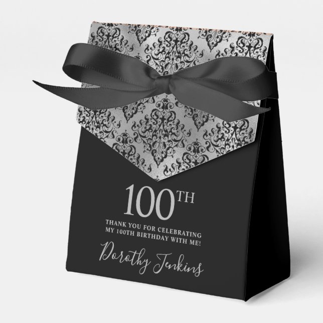 100th Birthday Silver Damask Thank You Presentaskar (Framsidan Sidan)