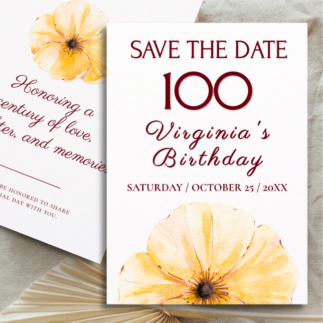 100th Birthday Yellow Flower, Modern Save the Date (Skapare uppladdad)