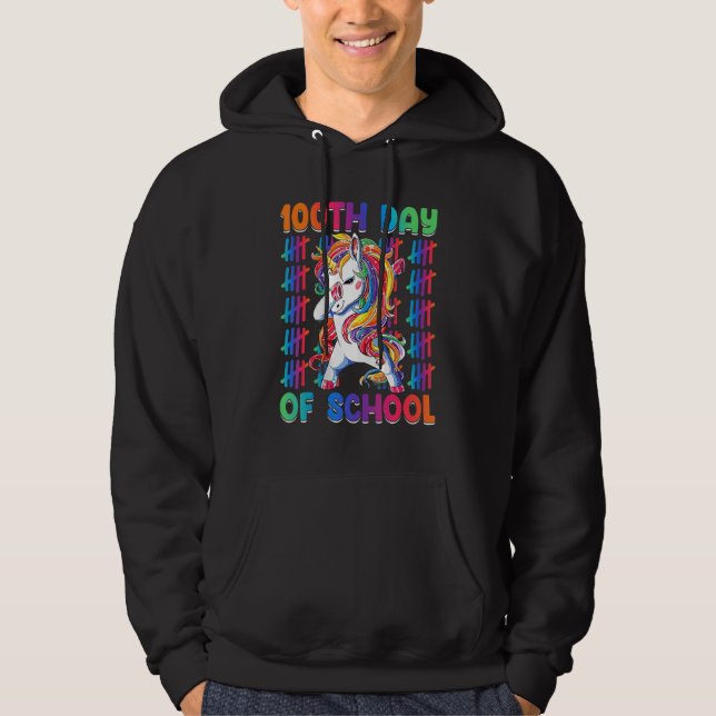100th Day Of Kindergarten Dabbing Unicorn 100 Days Hoodie (Framsida)