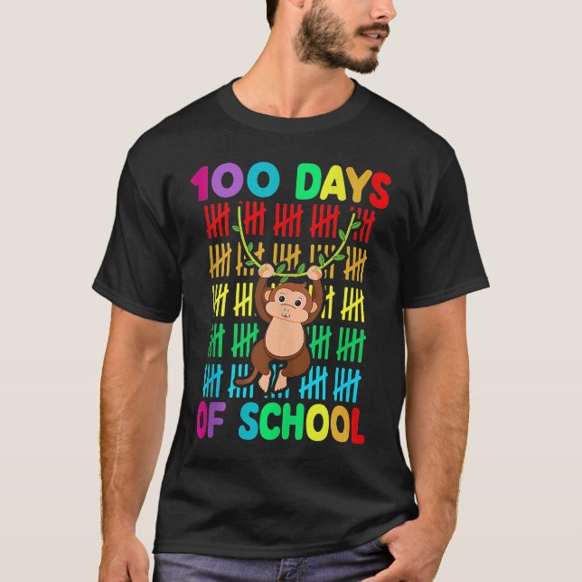 100th Day Of School Animal Monkey  Happy 100th Day T Shirt (Framsida)