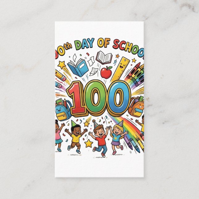 100th Day of School Colorful Celebration Design –  Visitkort (Framsida)