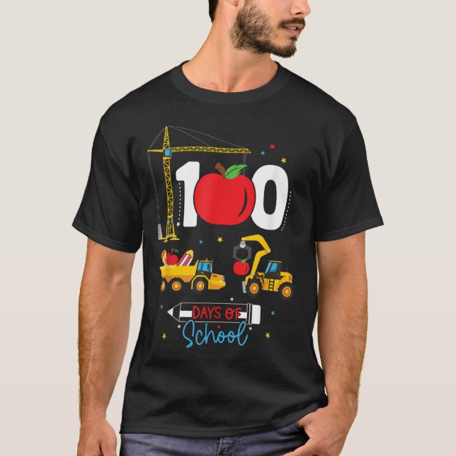 100th Day of School Construction Vehicles Teacher  T Shirt (Framsida)