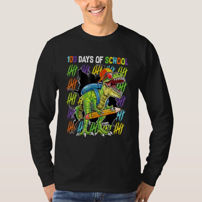 100th Day Of School Dinosaur Rex Dino   Boys Kids T Shirt (Framsida)