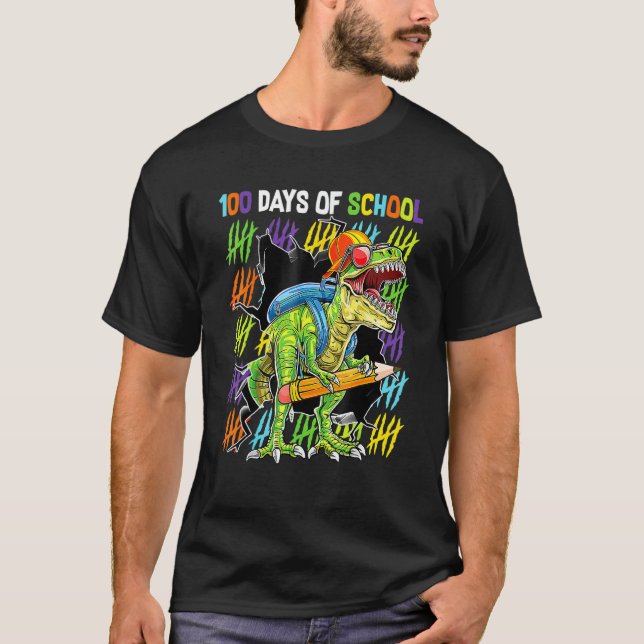 100th Day Of School Dinosaur Rex Dino   Boys Kids T Shirt (Framsida)