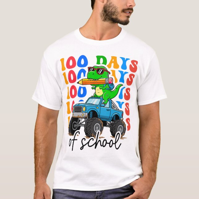100th Day of School Monster Truck Dinosaur Fun T Shirt (Framsida)
