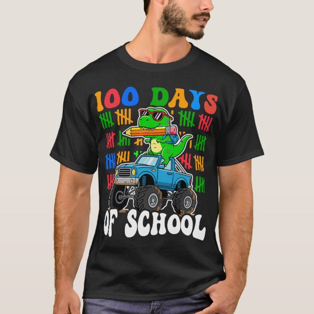 100th Day of School Monster Truck Dinosaur Fun T Shirt (Framsida)