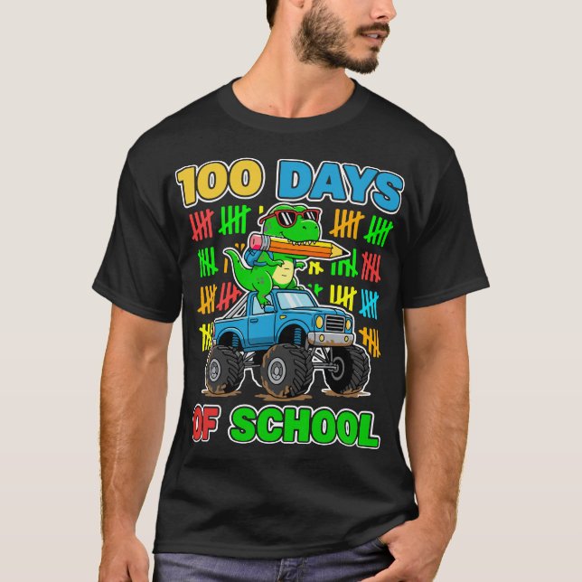 100th Day of School Monster Truck Dinosaur Fun T Shirt (Framsida)
