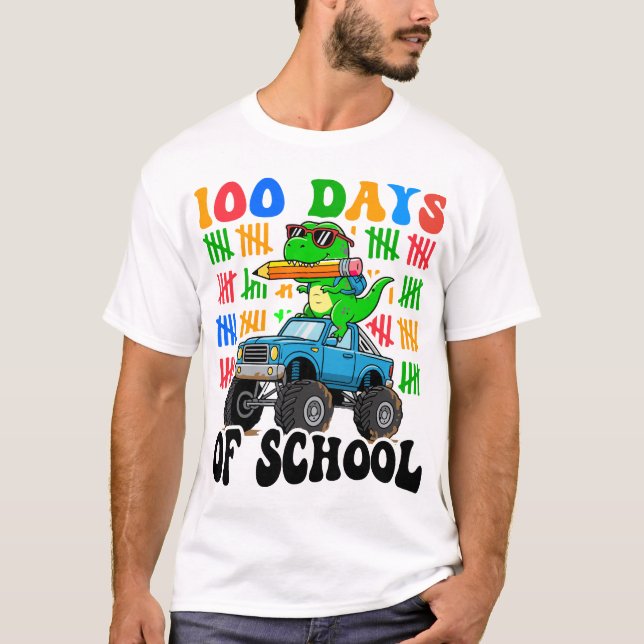 100th Day of School Monster Truck Dinosaur Fun T Shirt (Framsida)