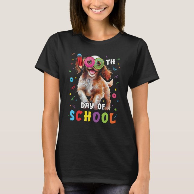 100th Day Of School Spaniel Dog Donut 100 Days Stu T Shirt (Framsida)
