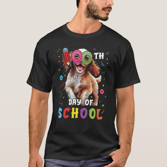 100th Day Of School Spaniel Dog Donut 100 Days Stu T Shirt (Framsida)