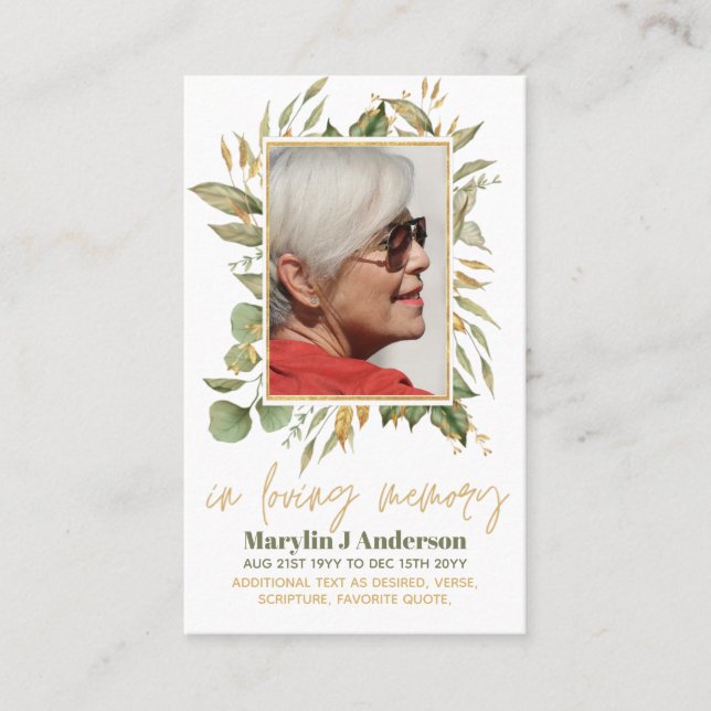 100x Budget Greenery Photo Sympathy Funeral Prayer Visitkort (Framsida)