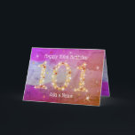 101:a födelsedagen - stjärnornas nummer - Lilans å Kort<br><div class="desc">101:a födelsedagskortet - Rosa Lila Bronze Design med nummer 101 tillverkat av Guld, vita och röda stjärnor. Ålder 101 i stjärnor - Åldersnummer - Ett hundra- och första födelsedagskort - Blåbakgrund - Anpassade Text. Konstruktion för texturerade övertoningar med rosa/Lila/Red/Bronze-nummer - nummer 101 skapat med gult, röda och vita stjärnor. Du...</div>