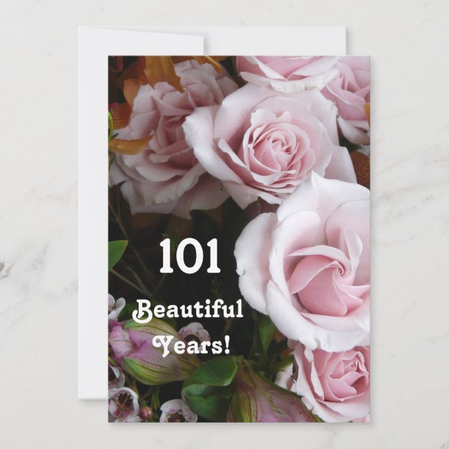 101:a Födelsedagsfesten- Rosa ros Bouquet Inbjudningar (Framsida)