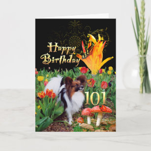 101:e födelsedagspapillon-hund i tulpanträdgård kort