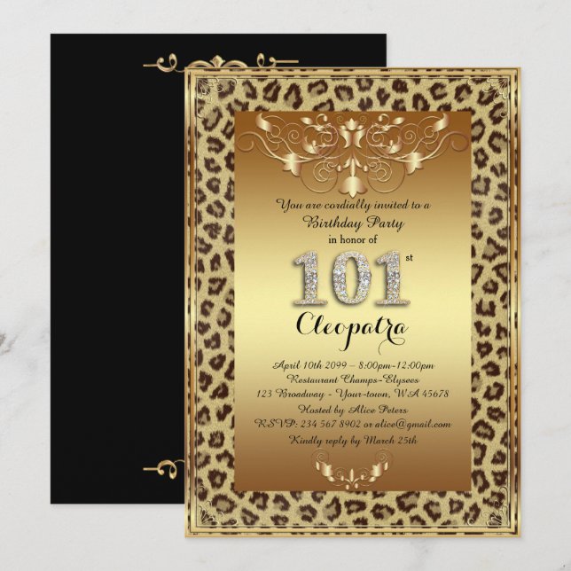 101. födelsedagsfest 101., kungligt Cheetahguld Inbjudningar (Fram/baksida)