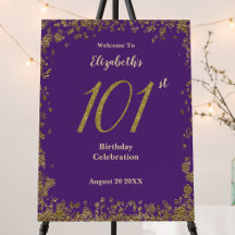 101st Birthday Party Purple Gold Welcome Sign