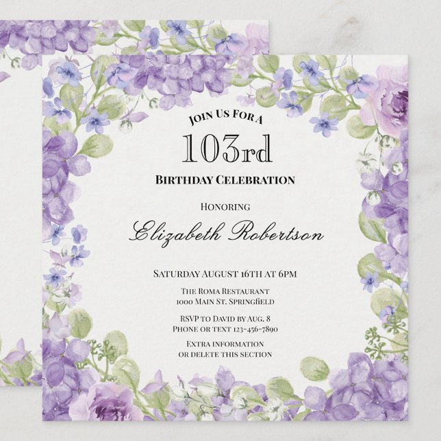 103-års födelsedagsinbjudan Elegant lila blommig Inbjudningar (Skapare uppladdad)