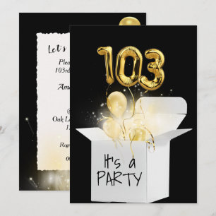103:e födelsedagen Guld-ballonger i vit box Inbjudningar