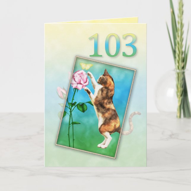 103:e födelsedagen med lekfull katt kort (Framsida)