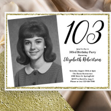 103:e födelsedagsfest med foto i vitt och guld