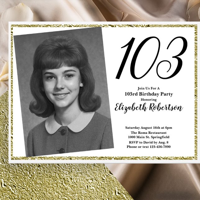103:e födelsedagsfest med foto i vitt och guld  inbjudningar (Skapare uppladdad)