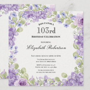 103:e födelsedagsinbjudan Elegant lila blomster Inbjudningar