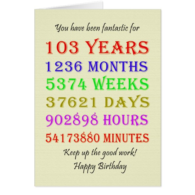 103:e födelsedagsmilstolpar hälsningskort (Framsidan)