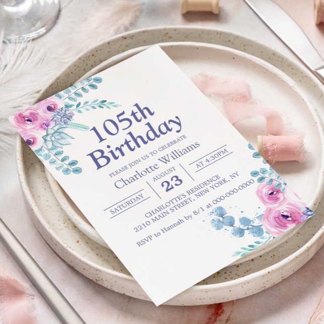 105-års födelsedags Blommig Rosa 105 År Inbjudningar (105th Birthday Floral Pink 105 Years Invitation
)