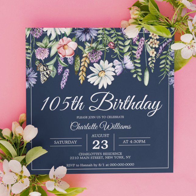 105:e födelsedagen: Eleganten Wildblommor Navy 105 Inbjudningar (105th Birthday Wildflowers Navy Elegant 105 Years Invitation
)