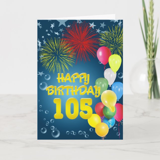 105:e födelsedagskort med fyrverkerier och ballong kort (Framsida)