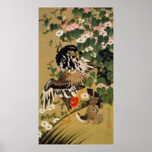 10. 芙 蓉 双 鶏 図, 若 kinesiska Hibiscus & Tupp, Jakuch Poster