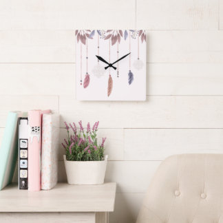 10,75" Boho-fjädrar Fyrkantig Akryl Väggtimme Klocka