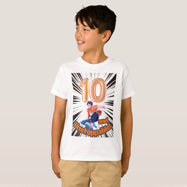 10 and Unstoppable Boys’ Birthday T Shirt (Hel framsida)