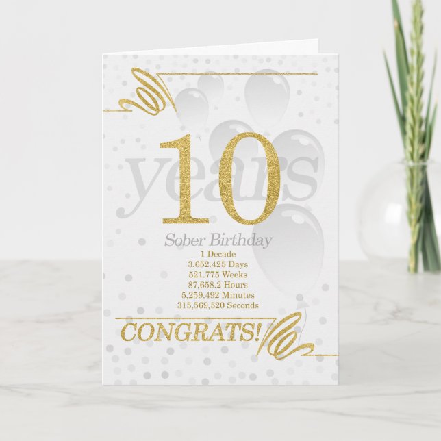 10 år Sober Birthday Faux Guld Glitter Kort (Framsida)