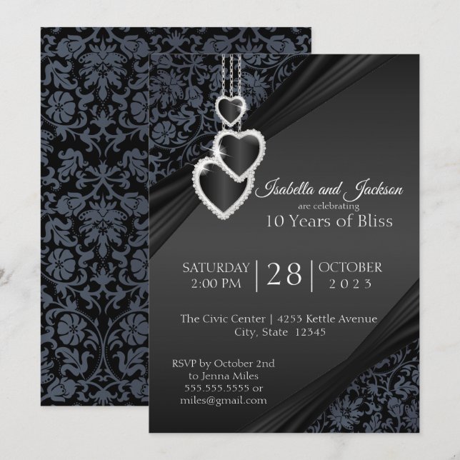 10-års Black Onyx Jubileumsdesign Inbjudningar (Fram/baksida)