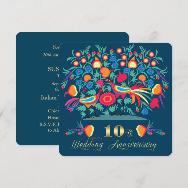 10-års bröllopsdag Folk Art Inbjudningar (Fram/baksida)