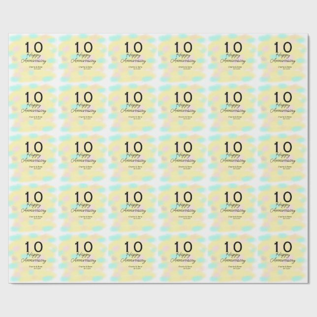 10 års bröllopsdag gul pastell namn retro bo presentpapper (Platt)