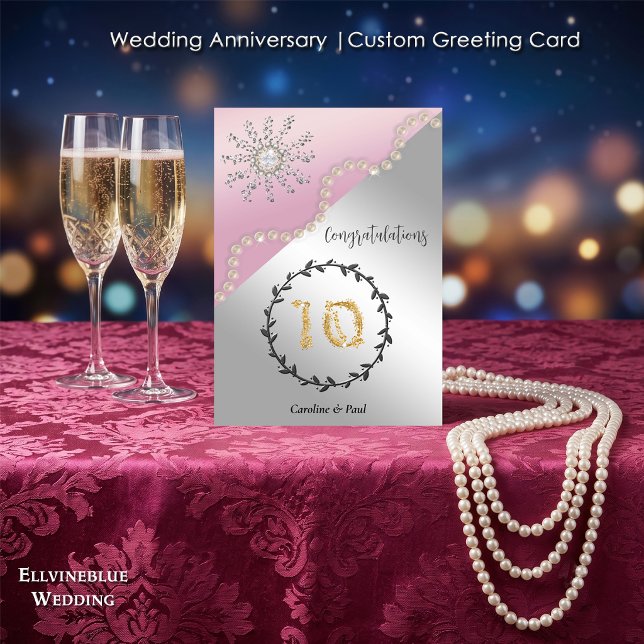 10-års bröllopsdag | Klar diamant & pärlor Kort (Double-sided 10th Wedding Anniversary. 100% editable with message inside. 5”x7”.)