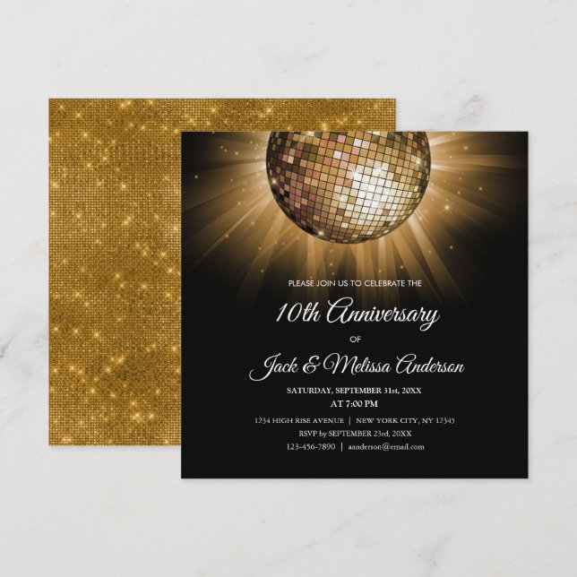 10-års bröllopsjubileumparty Guld Disco Boll Inbjudningar (Fram/baksida)