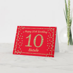 10-års födelsedag Röd och Guld Glitter Konfetti Ko Kort