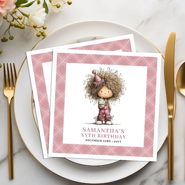 10-års födelsedag Roligt Nyckfullt Snirrig Flicka  Pappersservett (10th Birthday Funny Whimsy Curly Girl Pink Napkins)