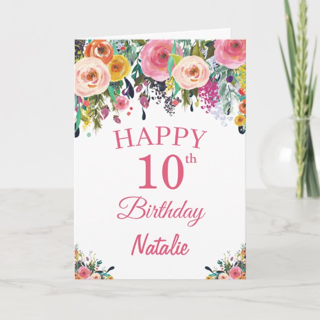 10-års födelsedag Vattenfärg Blommor Rosa Kort (Framsida)