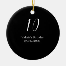 10-års födelsedag vit svart namn datum kalligrafi julgransprydnad keramik