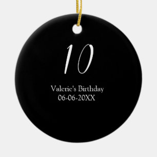 10-års födelsedag vit svart namn datum kalligrafi julgransprydnad keramik