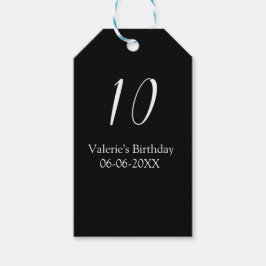 10-års födelsedag vit svart namn datum kalligrafi presentetikett