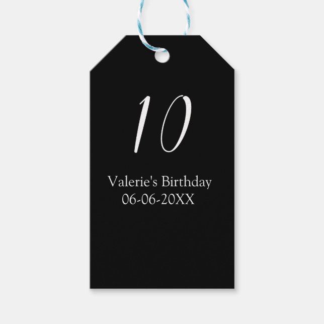 10-års födelsedag vit svart namn datum kalligrafi  presentetikett (Framsidan)