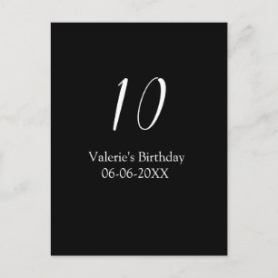 10-års födelsedag vit svart namn datum kalligrafi vykort