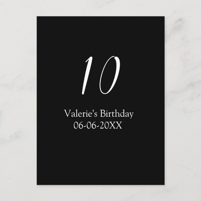 10-års födelsedag vit svart namn datum kalligrafi  vykort (Framsida)