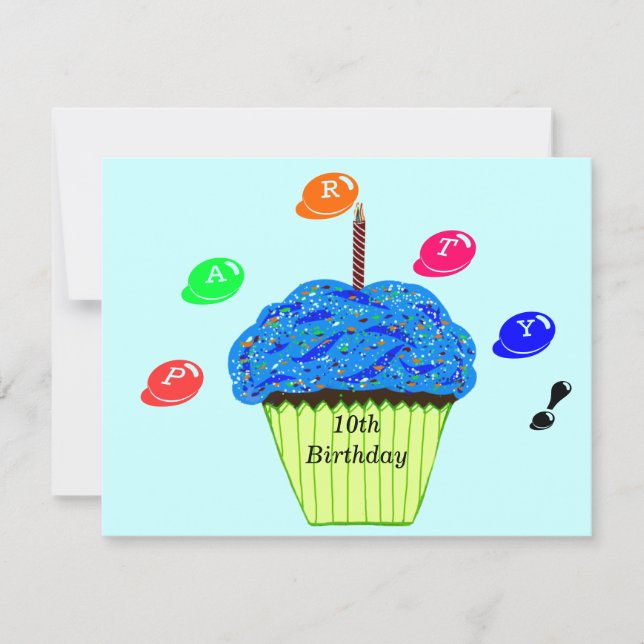 10-års födelsedags Blå Gröna Cupcakes Fester Inbjudningar (Framsida)